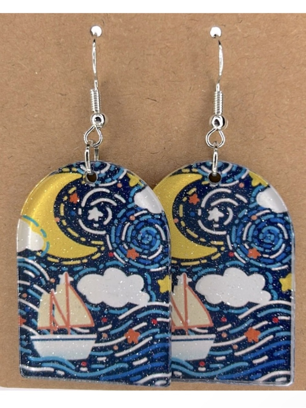 Sparkling 2D Acrylic Dangle Earrings Night Ocean Boat  View  Fashion Jewelry
